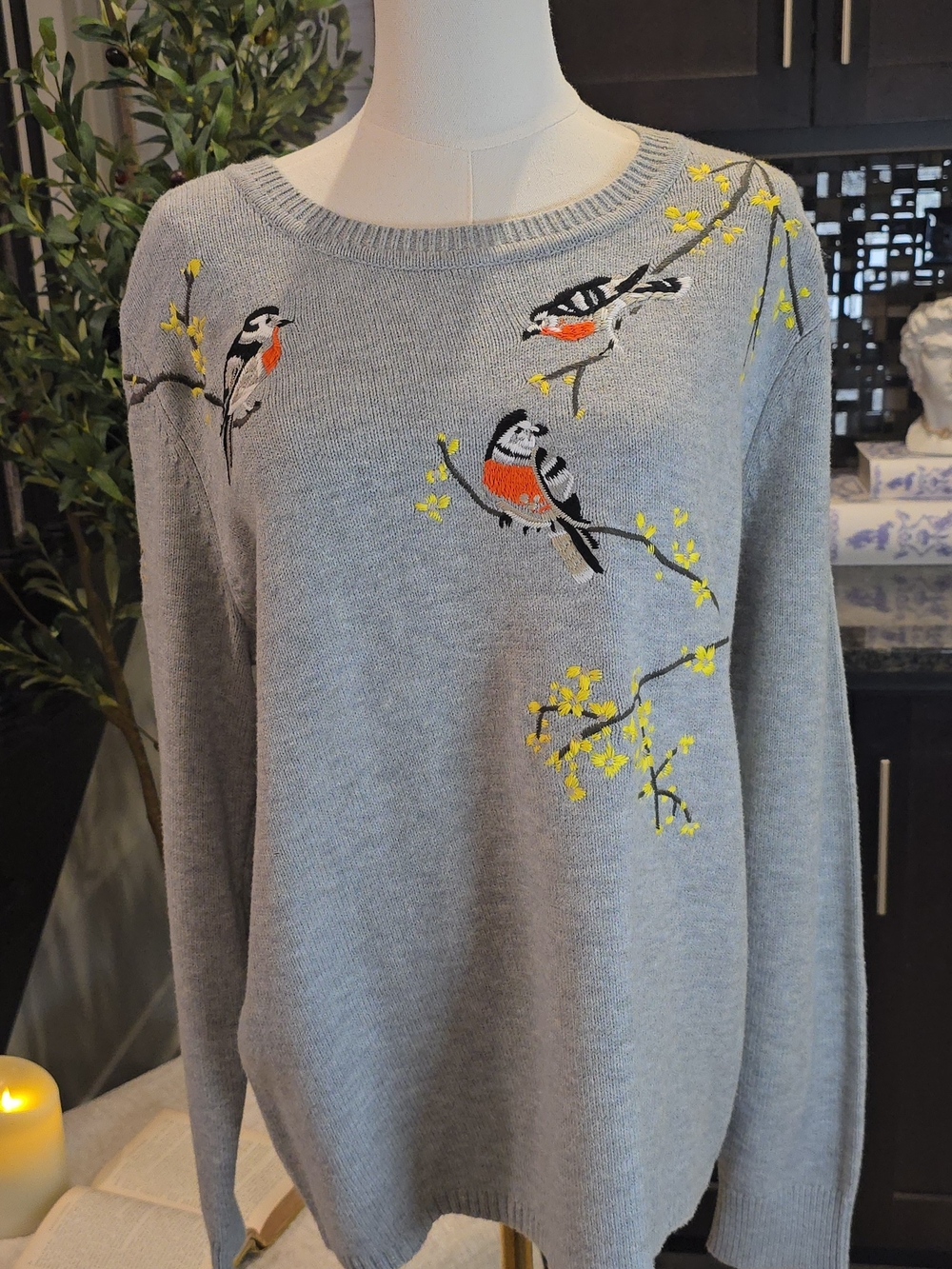 CAbi NWT Gray Crewneck Sweater with Embroidered Birds and Yellow Blossoms